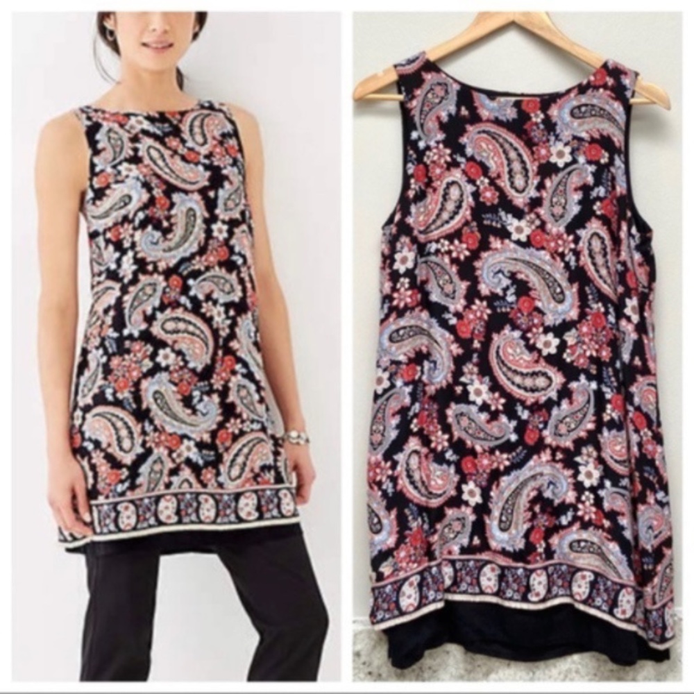 J. Jill Red Black Paisley Double Layer Tunic Top